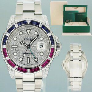 MINT Iced Out Diamond Ruby & Sapphire Rolex GMT Master II Steel Black 40mm